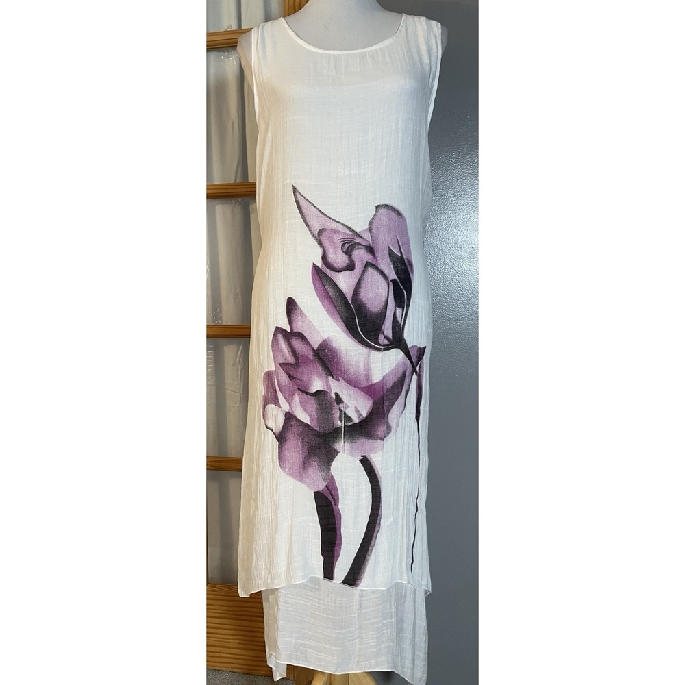 Handmade Layered Floral Midi Dress XL White Purple Tie Back Sharkbite Hem Boho